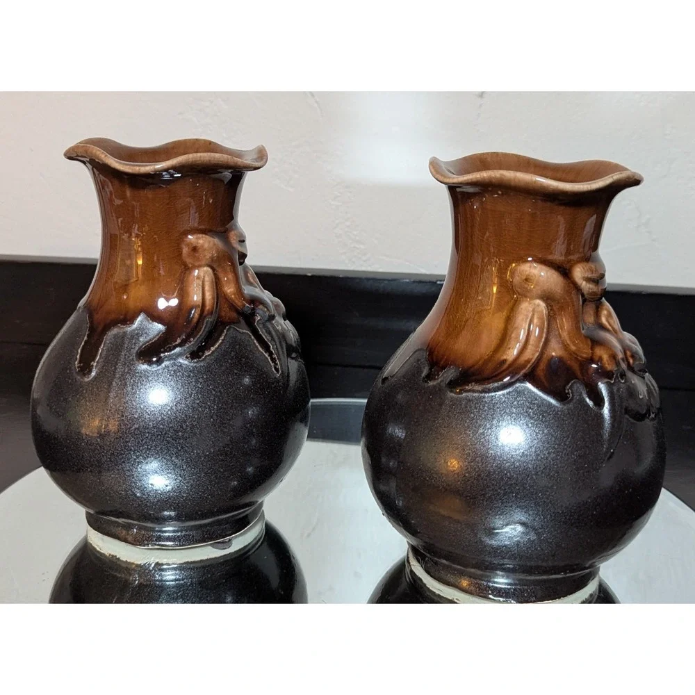 Vintage Flowers & Bows Raku Crackle Drip Glazed Scalloped Edge Vases, Set of Two